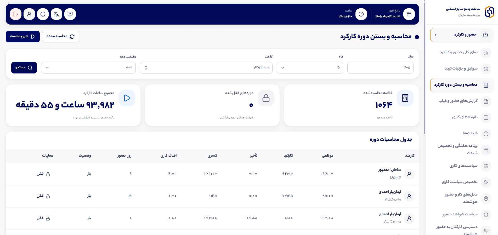 نمای حضور و غیاب و تردد کارکنان در همرازوم